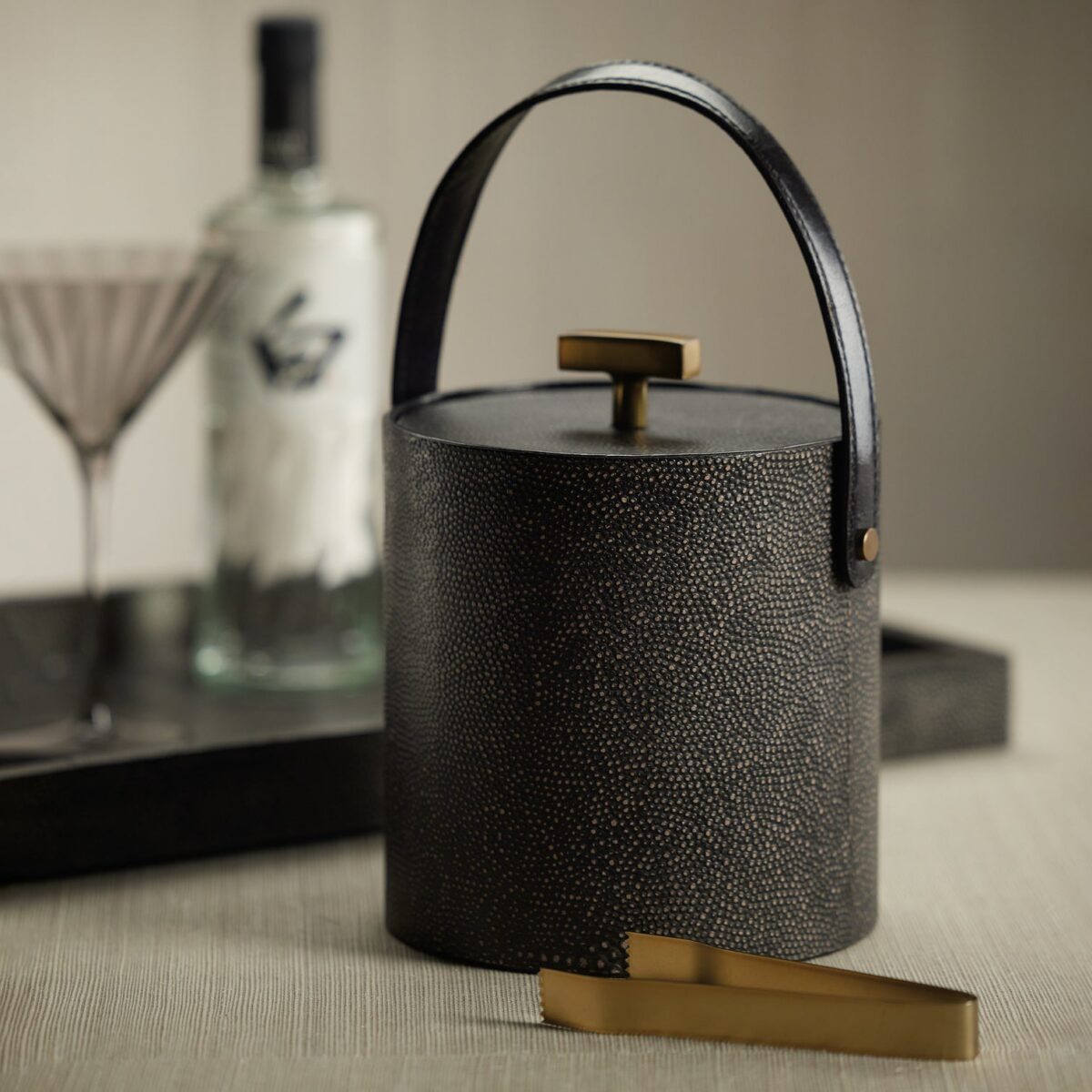Shagreen Ice Bucket with Gold Ice Tong