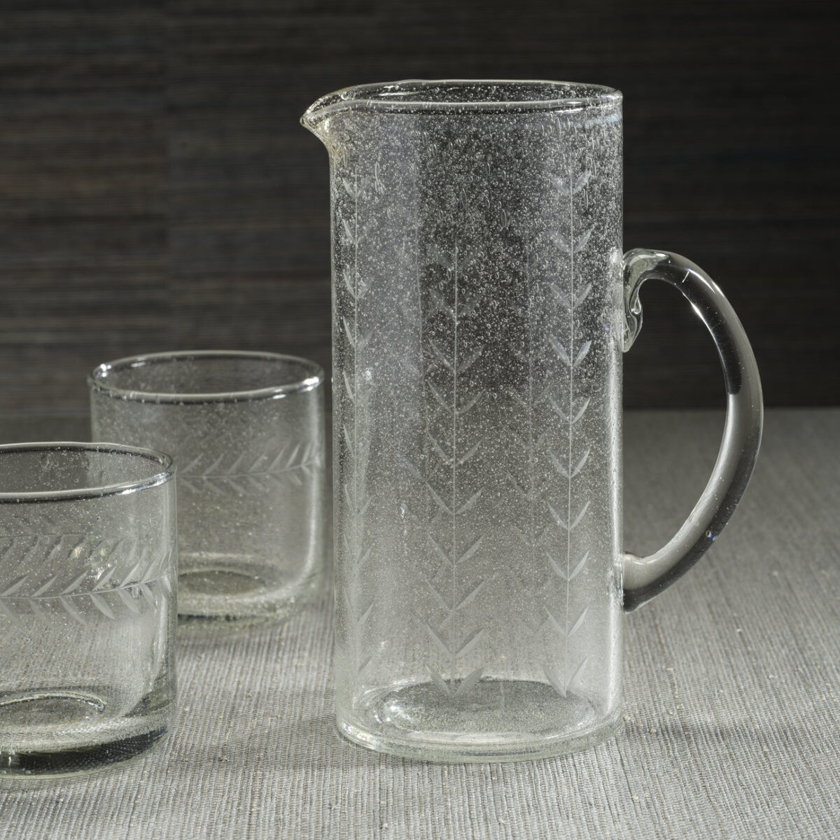 Hand-Etched Leaf Glass Pitcher